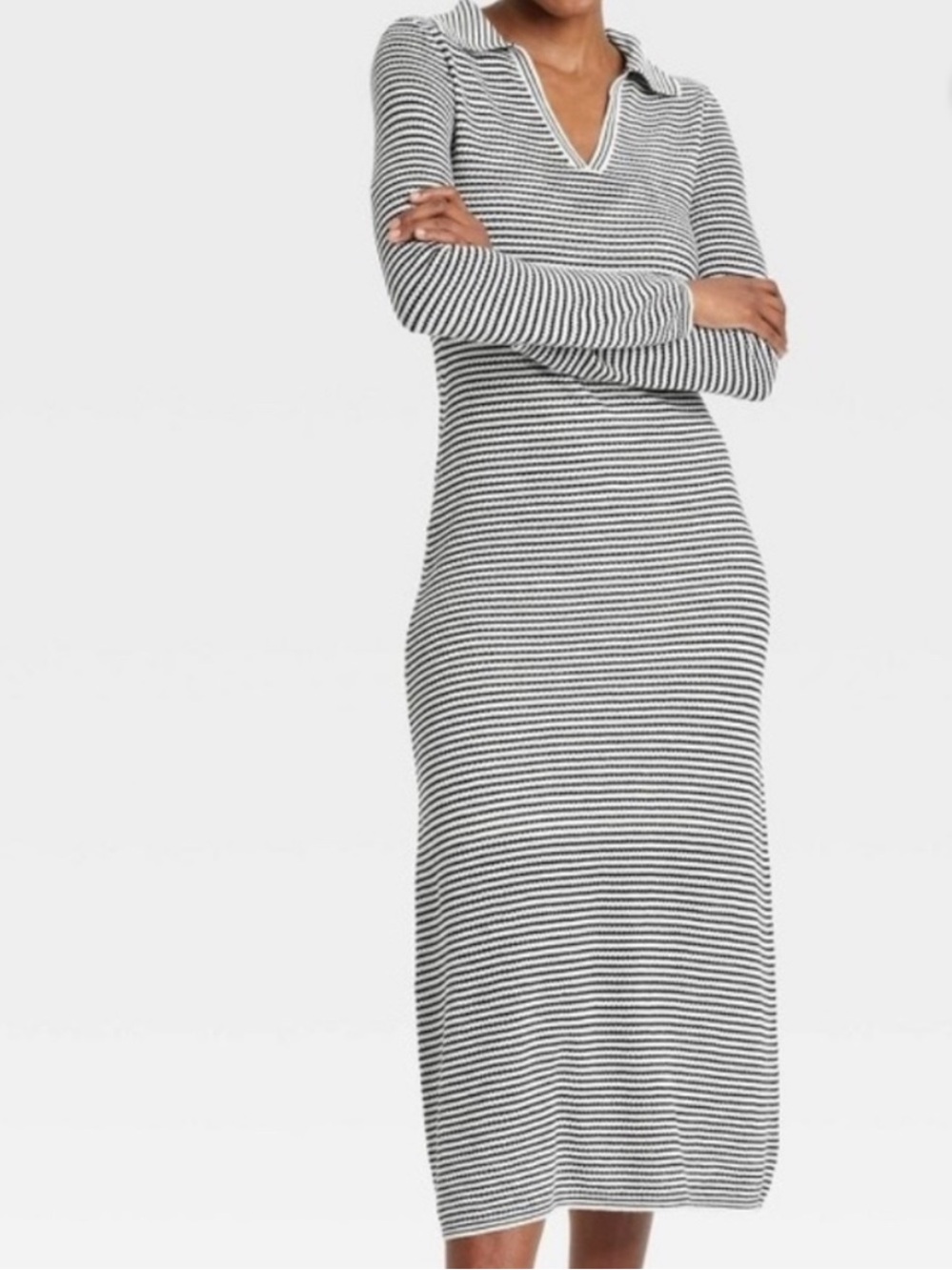 NWT Large A New Day Black and Creme Striped Collared V Neck Long Sleeve Dress